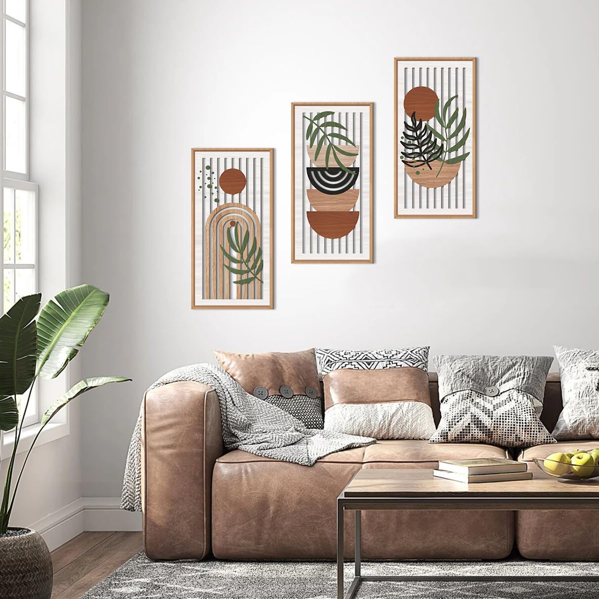 IARTTOP Large Boho Mid-century Modern Wood Wall Art 16x32 Inch Framed Green Abstract Leaf Wooden Wall Decor Bohemian Minimalist Geometric Wall Art Decor for Bedroom Living Room Office Set of 3 Gronata