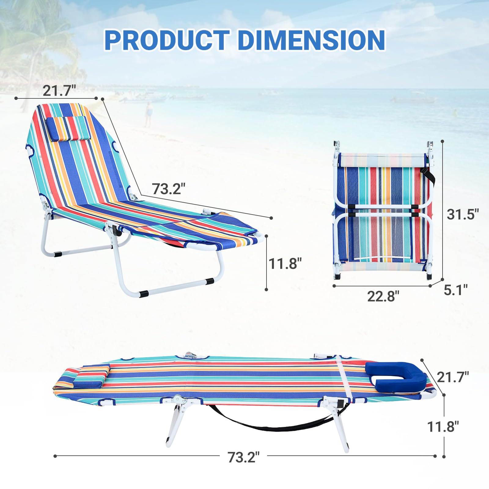 DoCred Heavy Duty Chaise Lounge Chair, Adjustable 5-Position Folding Chaise Lounge Chairs for Outside, Portable Lay Flat Beach Lounge Chair for Outdoor Sunbathing Beach Pool Lawn Camping Gronata