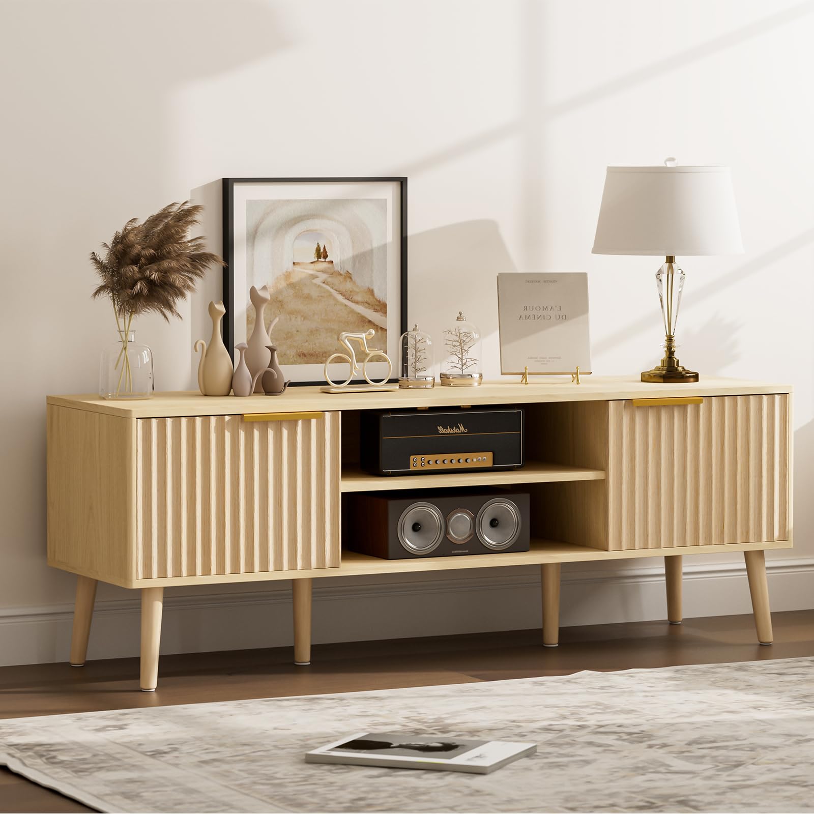 LCRBOL TV Stand for Living Room, Mid Century Modern Entertainment Center for 55/60 inch TVs, TV Console with Fluted Door Cabinets and Open Shelves, for Bedroom, Walnut Gronata