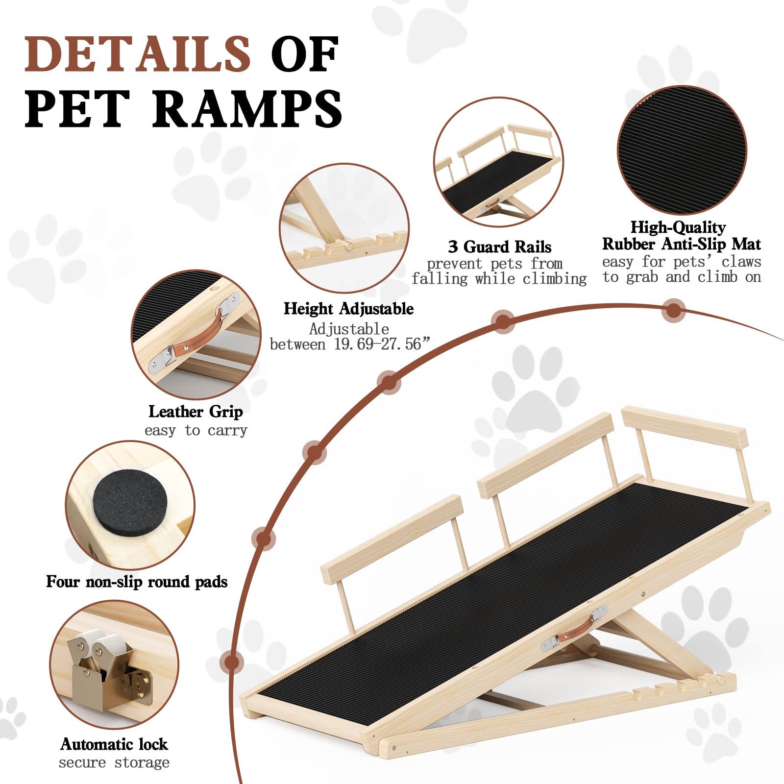 Chuiendi Dog Ramp for High Bed, Couch, Car, Pet Ramps 55.12" Long Adjustable 19.3"-27.17" Wooden Dog Step with Anti-slip Rubber Mat & Safety Side Rails for Small Medium Large Older Pets, up to 250 lbs Gronata