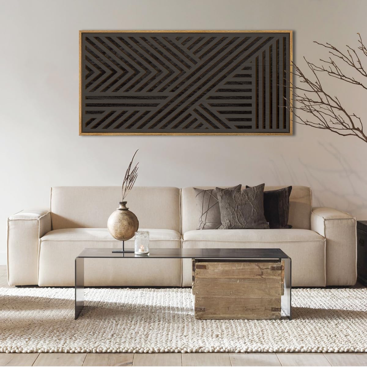 IARTTOP Large Boho Mid-century Modern Wood Wall Art 16x32 Inch Framed Green Abstract Leaf Wooden Wall Decor Bohemian Minimalist Geometric Wall Art Decor for Bedroom Living Room Office Set of 3 Gronata