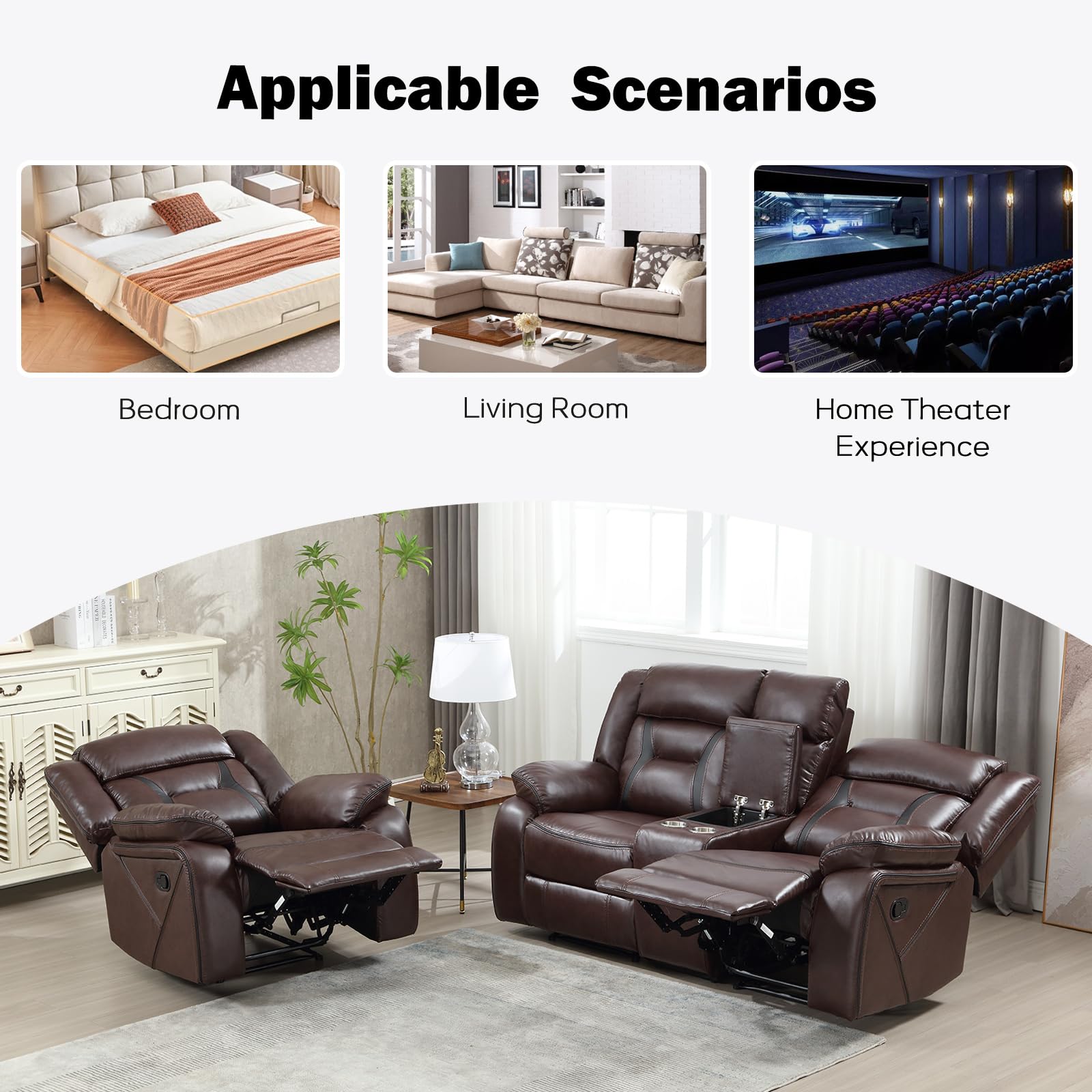 EBELLO Faux Leather Recliner Sofa Furniture Set for Living Room, 2 Recliner Chairs, 3 Seat Reclining Sofa Couch Set for Meeting Room, Brown Gronata