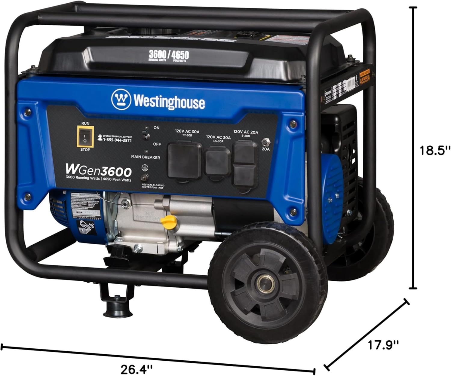 Westinghouse WGen3600 Portable Generator, 4650 Peak Watts & 3600 Rated Watts, RV Ready 30A Outlet, Wheel & Handle Kit, Gas Powered Gronata