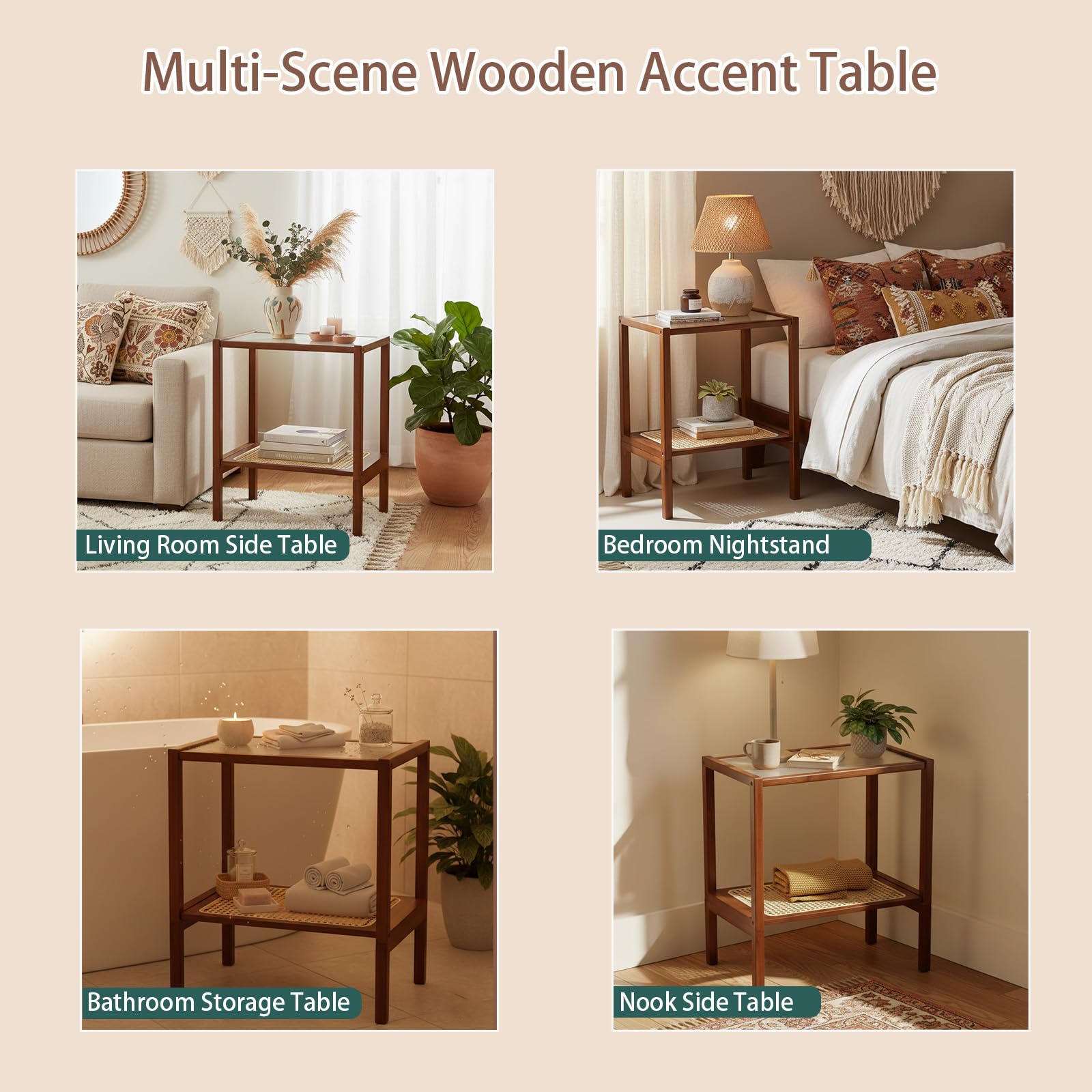 Tiita Rattan Coffee Table, Bamboo Accent Bedside Tables, Glass Nightstand Side Table, Boho Wooden End Table with Storage for Living Room,Living Room, Dining Room, Tea, Home Décor Gronata