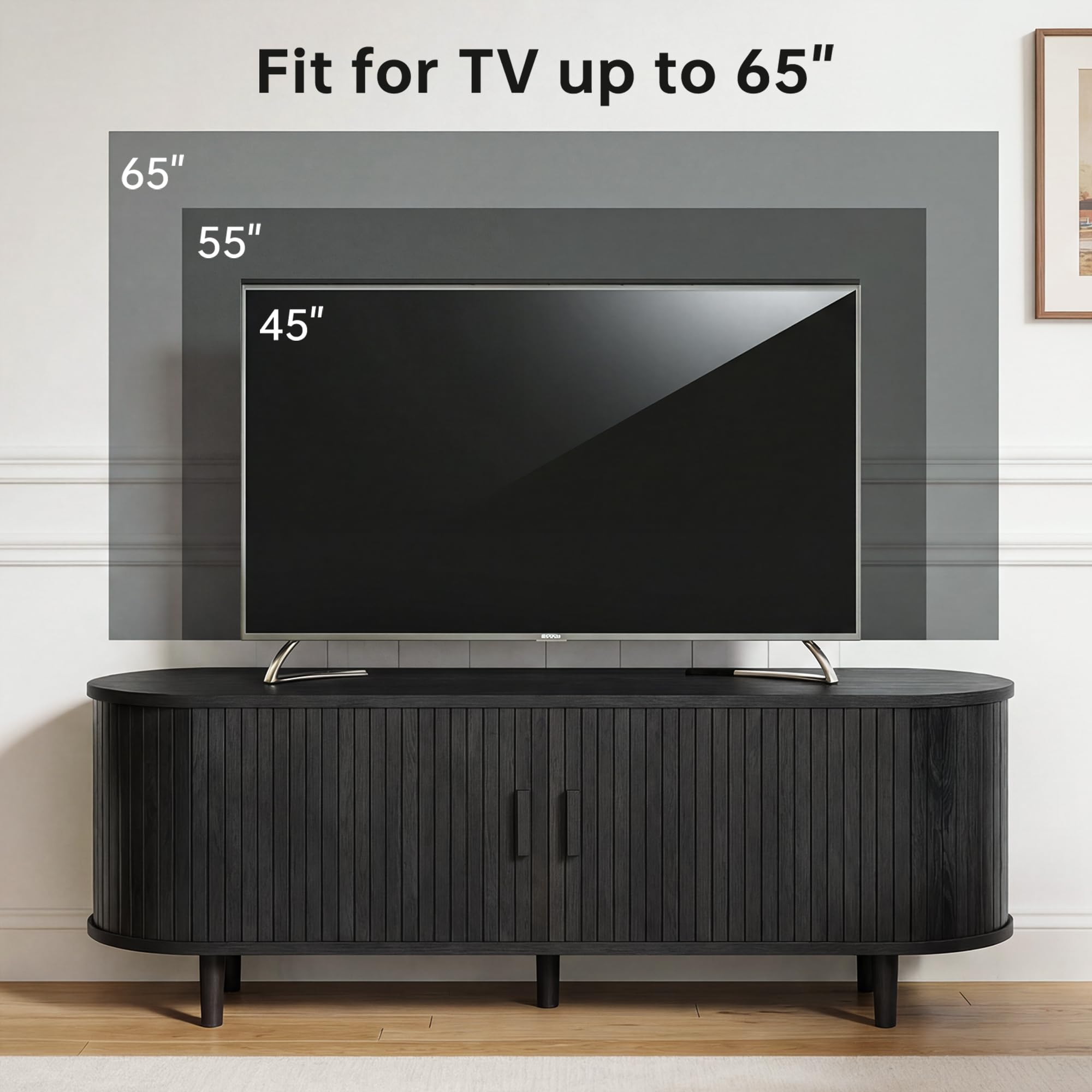 OneBlis 70" Mid Century Modern TV Stand, Wood TV Consoles with Sliding Doors and Power Outlet, Entertainment Center with Adjustable Shelves, Fluted TV Stands for Living Room, Walnut Gronata