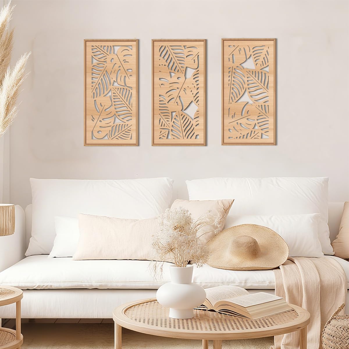 IARTTOP Large Boho Mid-century Modern Wood Wall Art 16x32 Inch Framed Green Abstract Leaf Wooden Wall Decor Bohemian Minimalist Geometric Wall Art Decor for Bedroom Living Room Office Set of 3 Gronata