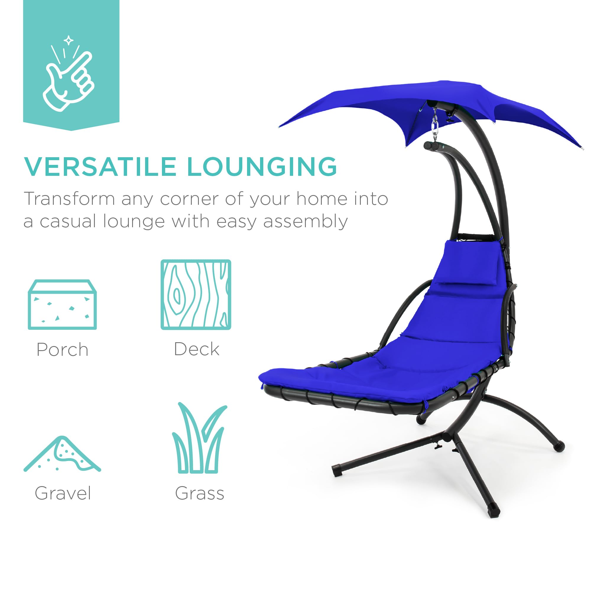 Best Choice Products Outdoor Hanging Curved Steel Chaise Lounge Chair Swing w/Built-in Pillow and Removable Canopy - Navy Blue Gronata