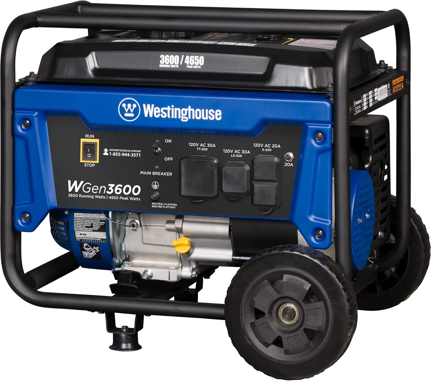 Westinghouse WGen3600 Portable Generator, 4650 Peak Watts & 3600 Rated Watts, RV Ready 30A Outlet, Wheel & Handle Kit, Gas Powered Gronata