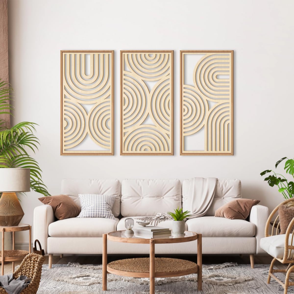 IARTTOP Large Boho Mid-century Modern Wood Wall Art 16x32 Inch Framed Green Abstract Leaf Wooden Wall Decor Bohemian Minimalist Geometric Wall Art Decor for Bedroom Living Room Office Set of 3 Gronata