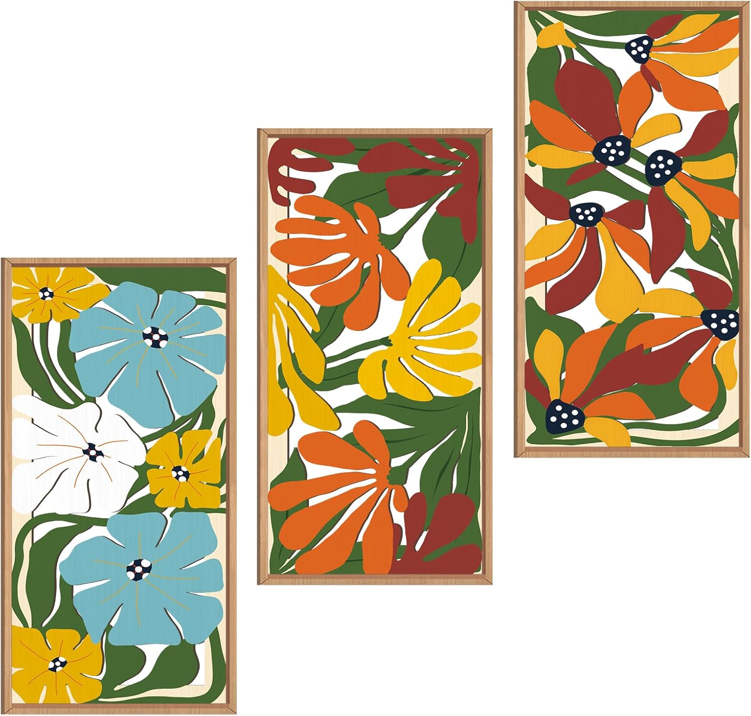 IARTTOP Large Boho Mid-century Modern Wood Wall Art 16x32 Inch Framed Green Abstract Leaf Wooden Wall Decor Bohemian Minimalist Geometric Wall Art Decor for Bedroom Living Room Office Set of 3 Gronata