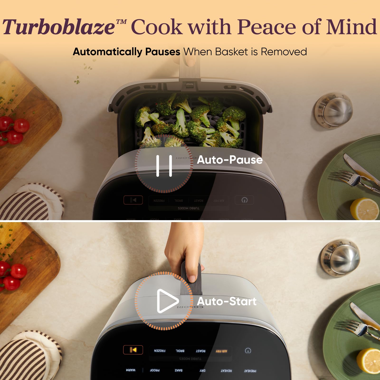 Cosori 9-in-1 TurboBlaze Air Fryer 6 Qt, PFAS-Free Ceramic Coating, 90°–450°F, Precise Heating for Even Results, Air Fry, Roast, Bake, Broil, Dry, Frozen, Proof, Reheat, Keep Warm, 120V, Dark Gray Gronata