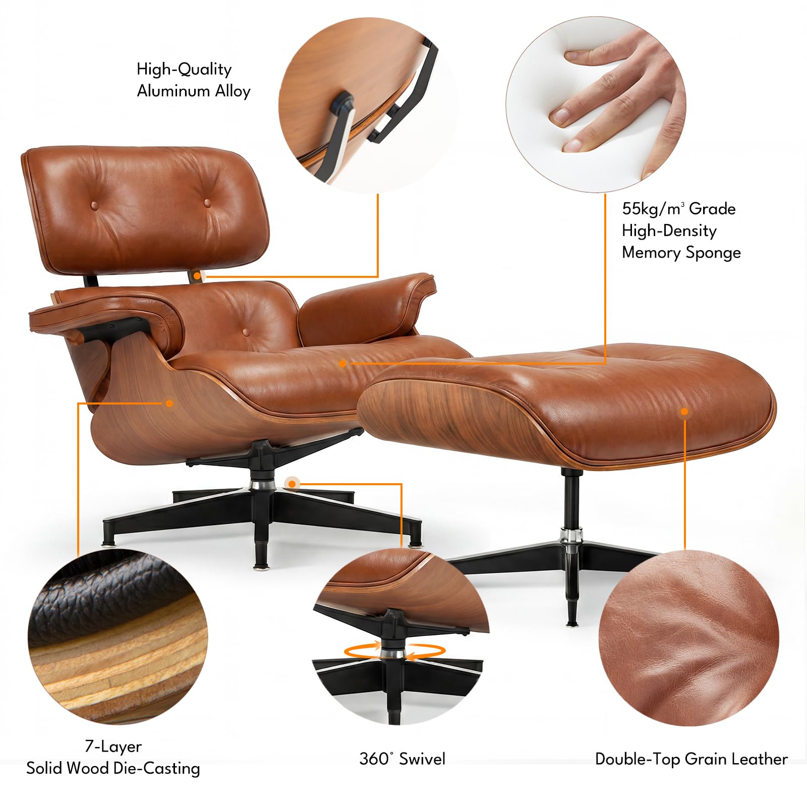 Asukale Top Grain Leather, Mid Century Chaise Lounge Chair and Ottoman, Modern Chair Classic Design, Heavy Duty Base Support for Living Room Study Lounge Office, Palisander-White Gronata