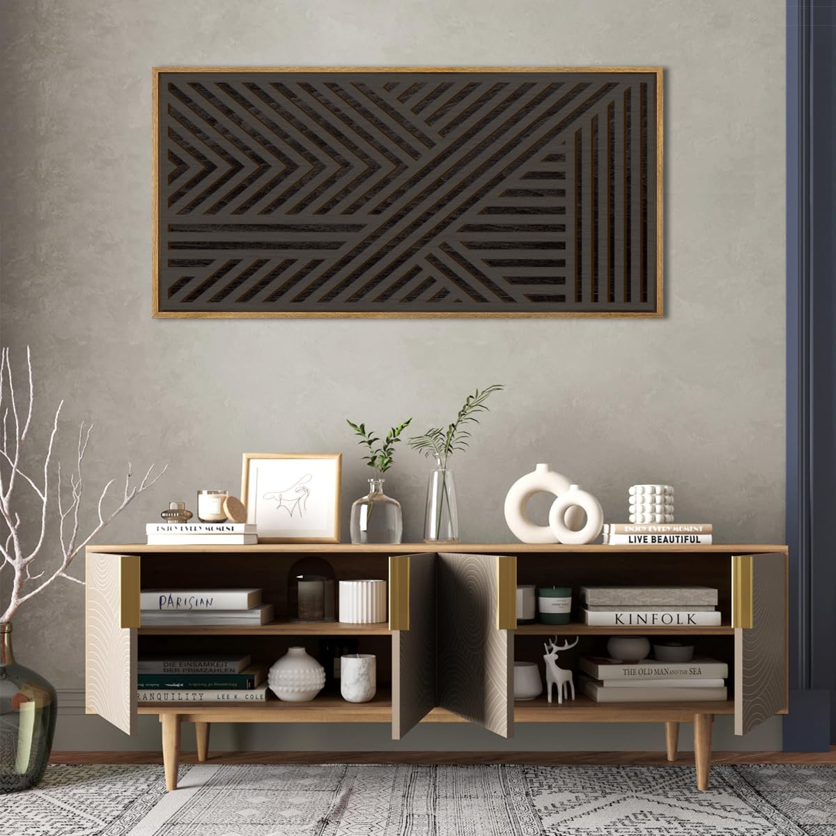 IARTTOP Large Boho Mid-century Modern Wood Wall Art 16x32 Inch Framed Green Abstract Leaf Wooden Wall Decor Bohemian Minimalist Geometric Wall Art Decor for Bedroom Living Room Office Set of 3 Gronata
