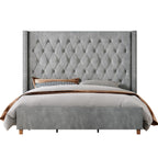 Jocisland Queen Size Bed Frame 61.4" Extra Tall Wingback Headboard Velvet Upholstered Deep Button Tufted Platform Bed with Solid Wood Legs & Wood Slats, No Box Spring Needed, Black Gronata