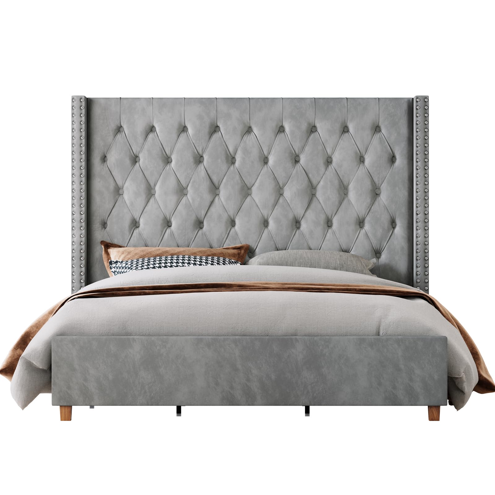Jocisland Queen Size Bed Frame 61.4" Extra Tall Wingback Headboard Velvet Upholstered Deep Button Tufted Platform Bed with Solid Wood Legs & Wood Slats, No Box Spring Needed, Black Gronata
