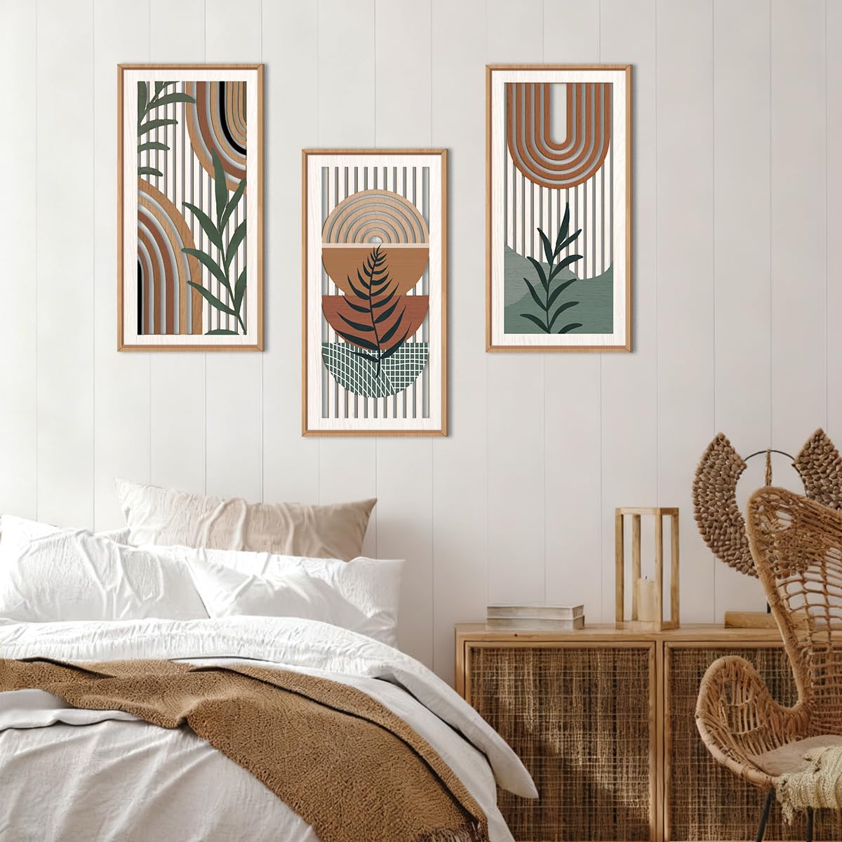 IARTTOP Large Boho Mid-century Modern Wood Wall Art 16x32 Inch Framed Green Abstract Leaf Wooden Wall Decor Bohemian Minimalist Geometric Wall Art Decor for Bedroom Living Room Office Set of 3 Gronata