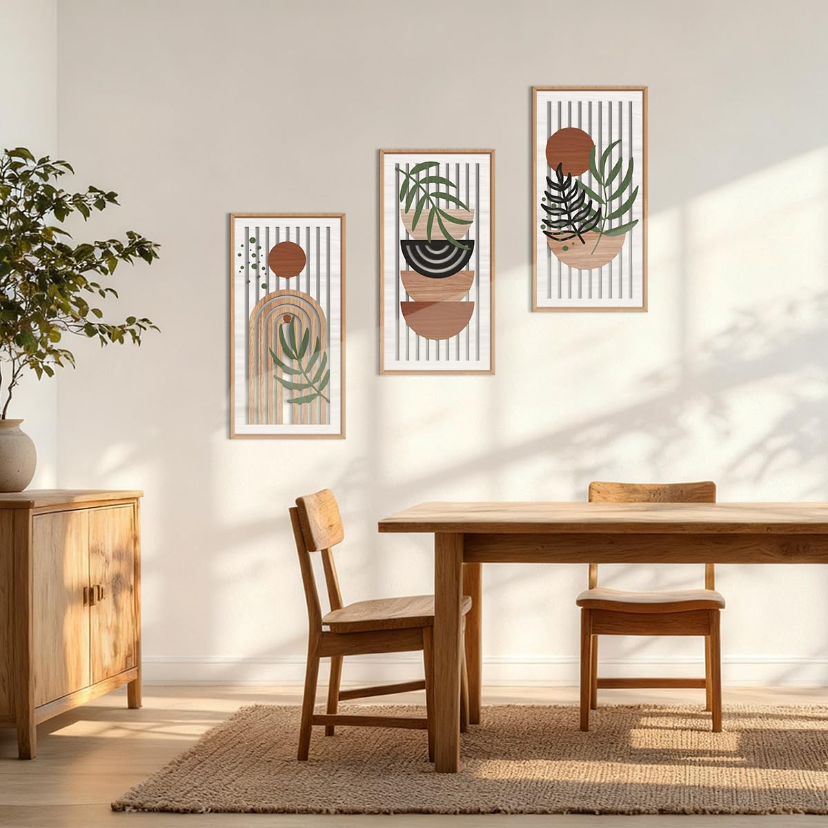 IARTTOP Large Boho Mid-century Modern Wood Wall Art 16x32 Inch Framed Green Abstract Leaf Wooden Wall Decor Bohemian Minimalist Geometric Wall Art Decor for Bedroom Living Room Office Set of 3 Gronata
