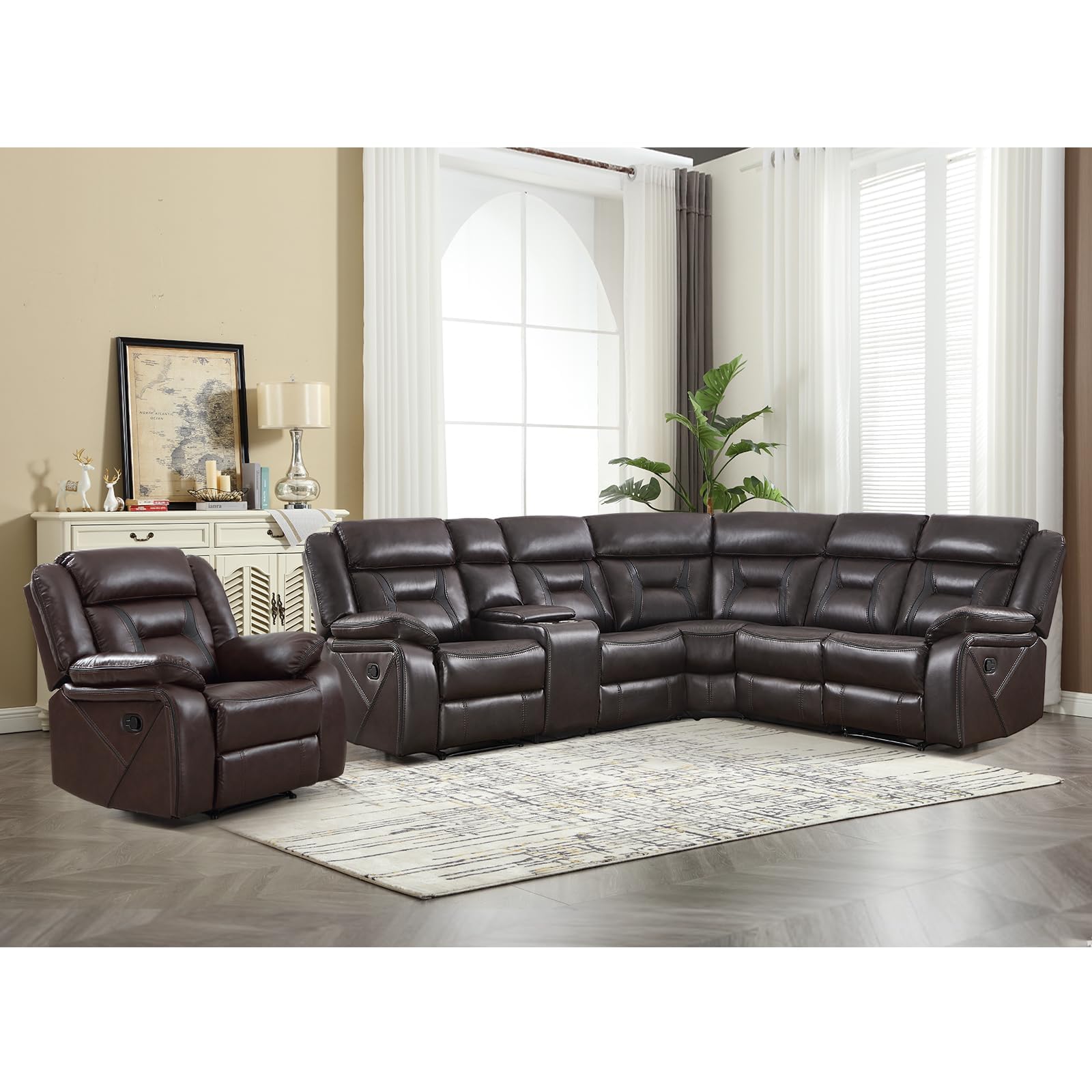 EBELLO Faux Leather Recliner Sofa Furniture Set for Living Room, 2 Recliner Chairs, 3 Seat Reclining Sofa Couch Set for Meeting Room, Brown Gronata