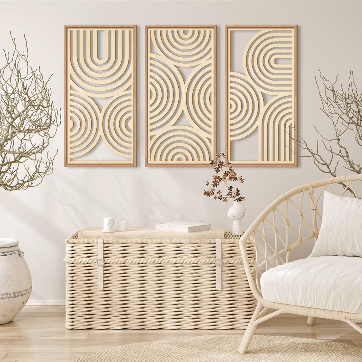 IARTTOP Large Boho Mid-century Modern Wood Wall Art 16x32 Inch Framed Green Abstract Leaf Wooden Wall Decor Bohemian Minimalist Geometric Wall Art Decor for Bedroom Living Room Office Set of 3 Gronata