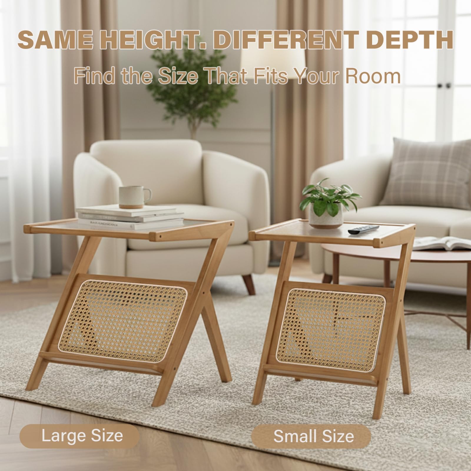 Tiita Rattan Coffee Table, Bamboo Accent Bedside Tables, Glass Nightstand Side Table, Boho Wooden End Table with Storage for Living Room,Living Room, Dining Room, Tea, Home Décor Gronata