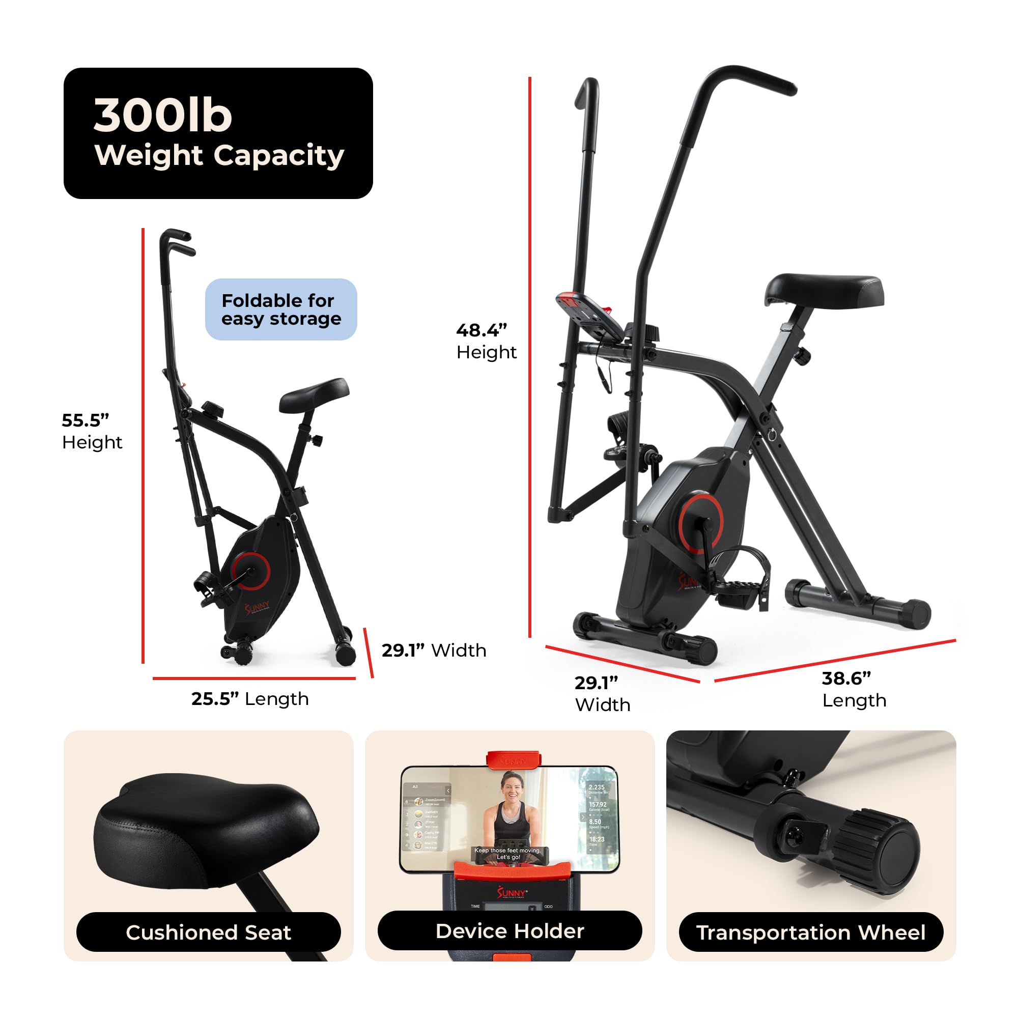 Sunny Health & Fitness Foldable Magnetic Stationary Exercise X-Bike Pro, 300 LB Capacity, Low-Impact, 14-Level Resistance, Ergonomic Support, SunnyFit App Enhanced Connectivity - SF-B223012 Gronata