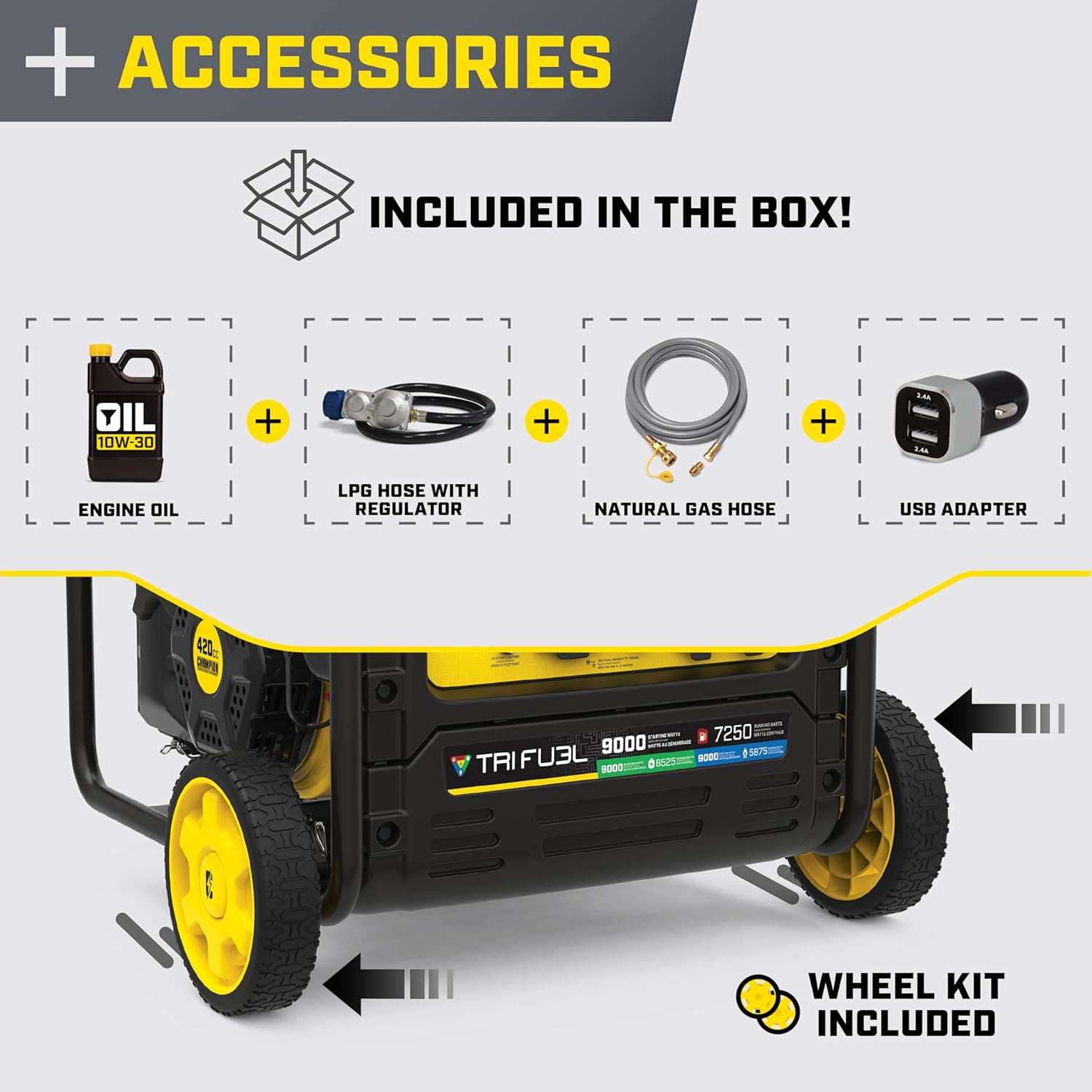 Champion Power Equipment 9000-Watt Electric Start Tri Fuel Home Backup Portable Open Frame Inverter Generator with Quiet Technology and CO Shield Gronata