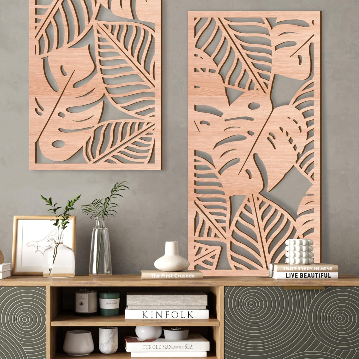 IARTTOP Large Boho Mid-century Modern Wood Wall Art 16x32 Inch Framed Green Abstract Leaf Wooden Wall Decor Bohemian Minimalist Geometric Wall Art Decor for Bedroom Living Room Office Set of 3 Gronata
