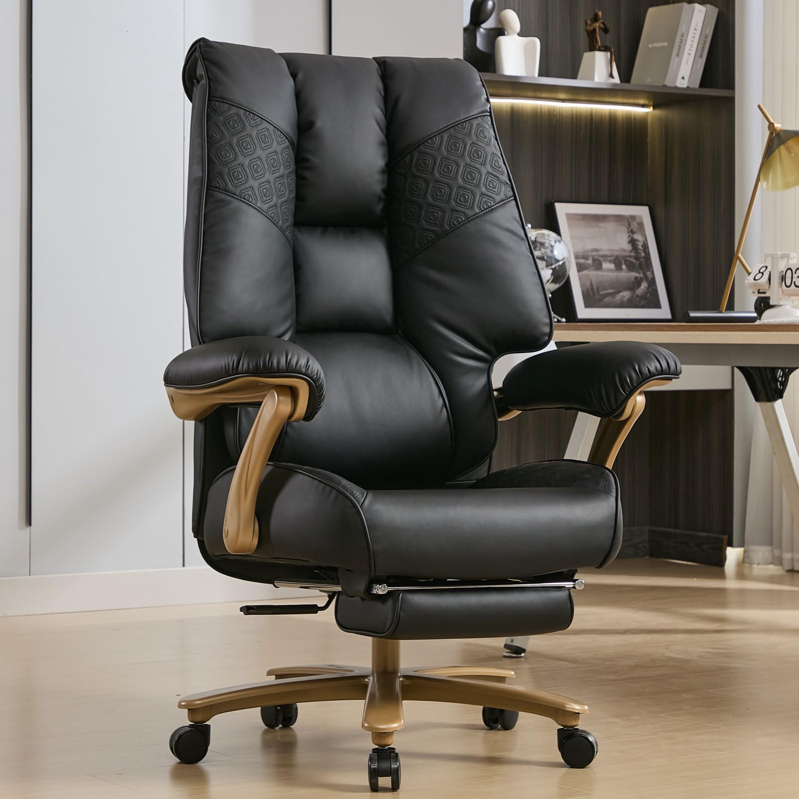 EXCEBET Big and Tall Executive Office Chair with Footrest, 400LBS Capacity Ergonomic High-Back Desk Office Chair with Lumbar Support, Padded Armrests & Thick Cushion, White PU Leather Chairs Gronata