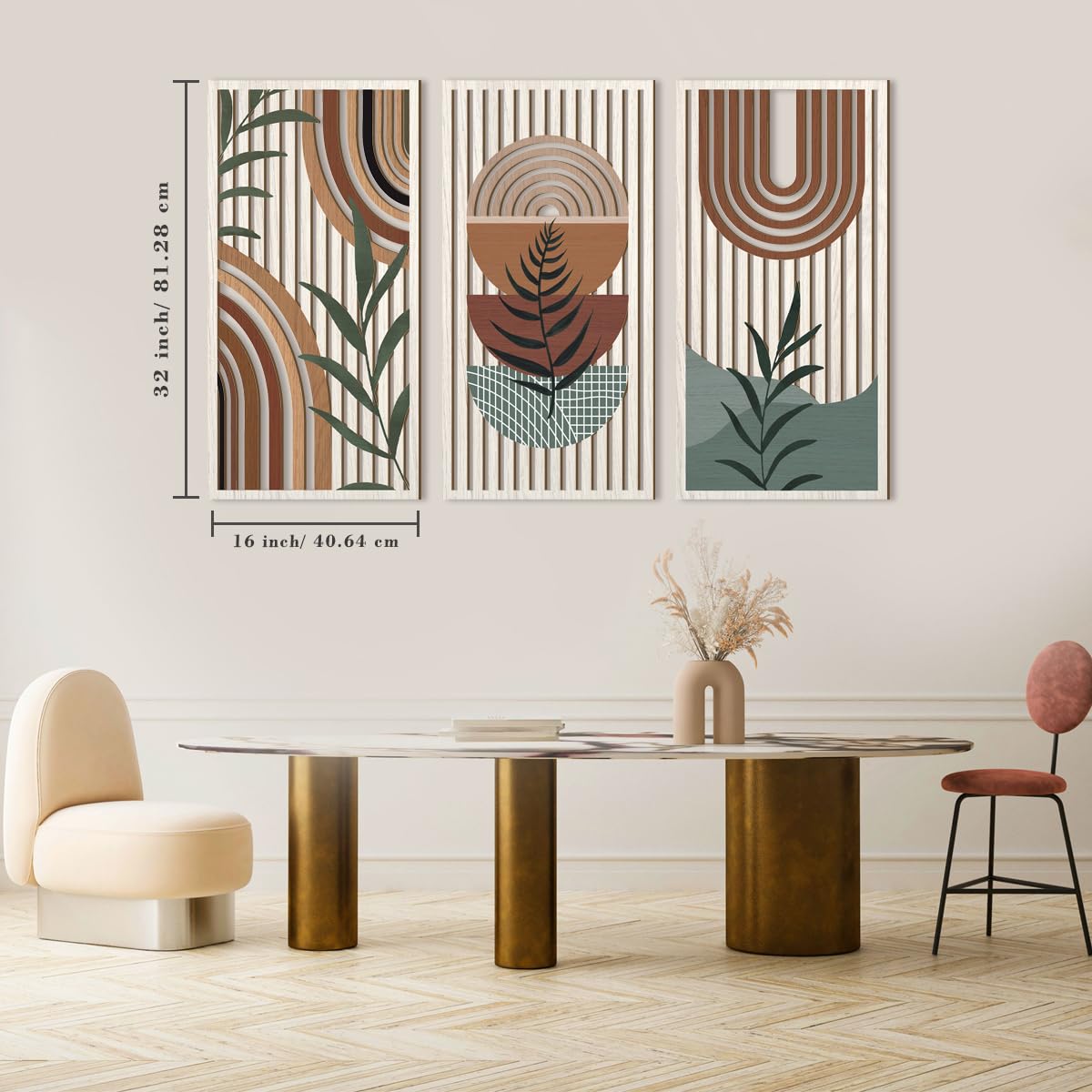 IARTTOP Large Boho Mid-century Modern Wood Wall Art 16x32 Inch Framed Green Abstract Leaf Wooden Wall Decor Bohemian Minimalist Geometric Wall Art Decor for Bedroom Living Room Office Set of 3 Gronata