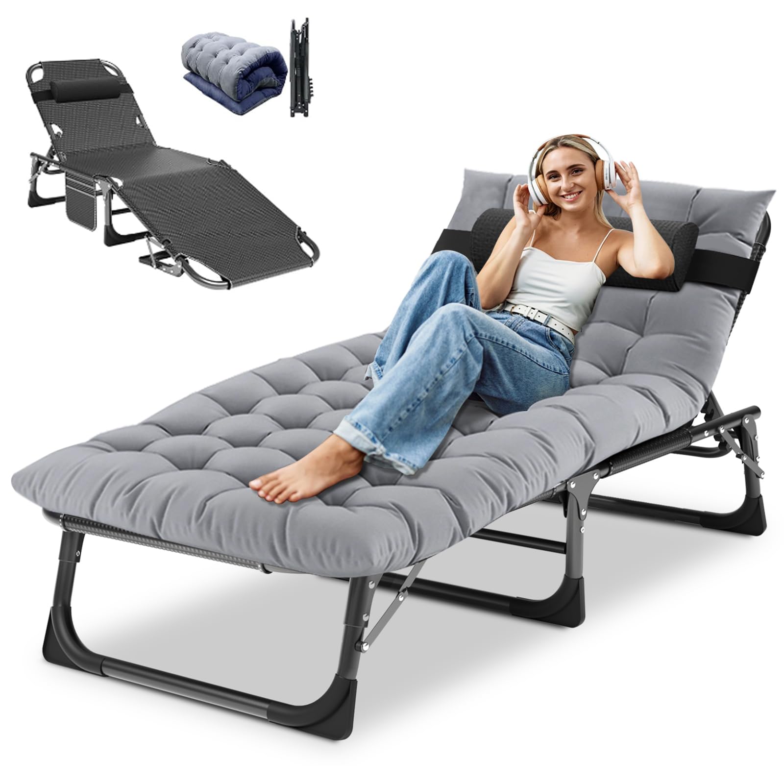 DoCred Heavy Duty Chaise Lounge Chair, Adjustable 5-Position Folding Chaise Lounge Chairs for Outside, Portable Lay Flat Beach Lounge Chair for Outdoor Sunbathing Beach Pool Lawn Camping Gronata