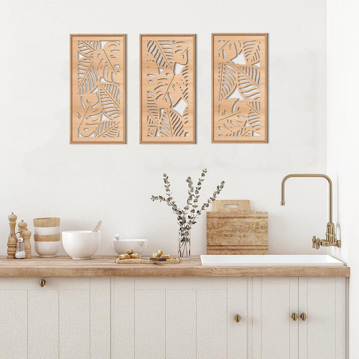 IARTTOP Large Boho Mid-century Modern Wood Wall Art 16x32 Inch Framed Green Abstract Leaf Wooden Wall Decor Bohemian Minimalist Geometric Wall Art Decor for Bedroom Living Room Office Set of 3 Gronata