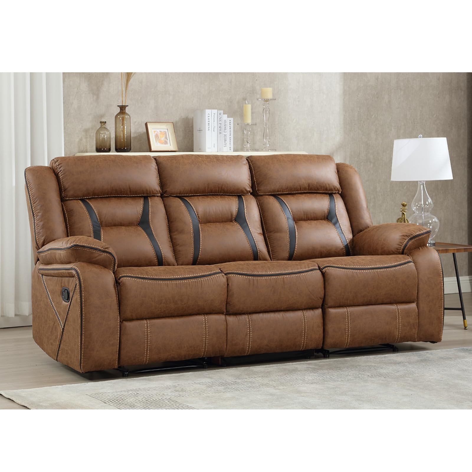 EBELLO Faux Leather Recliner Sofa Furniture Set for Living Room, 2 Recliner Chairs, 3 Seat Reclining Sofa Couch Set for Meeting Room, Brown Gronata