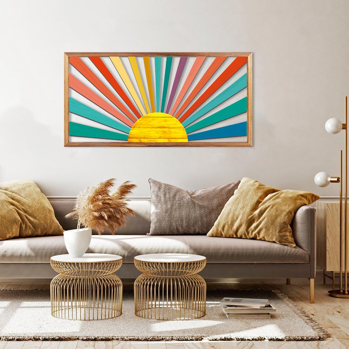 IARTTOP Large Boho Mid-century Modern Wood Wall Art 16x32 Inch Framed Green Abstract Leaf Wooden Wall Decor Bohemian Minimalist Geometric Wall Art Decor for Bedroom Living Room Office Set of 3 Gronata