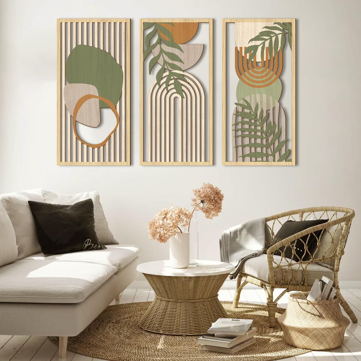 IARTTOP Large Boho Mid-century Modern Wood Wall Art 16x32 Inch Framed Green Abstract Leaf Wooden Wall Decor Bohemian Minimalist Geometric Wall Art Decor for Bedroom Living Room Office Set of 3 Gronata