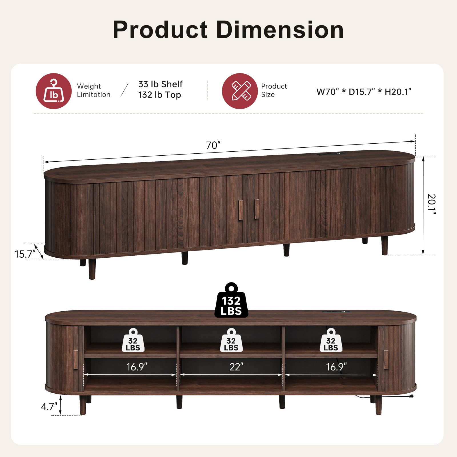 OneBlis 70" Mid Century Modern TV Stand, Wood TV Consoles with Sliding Doors and Power Outlet, Entertainment Center with Adjustable Shelves, Fluted TV Stands for Living Room, Walnut Gronata