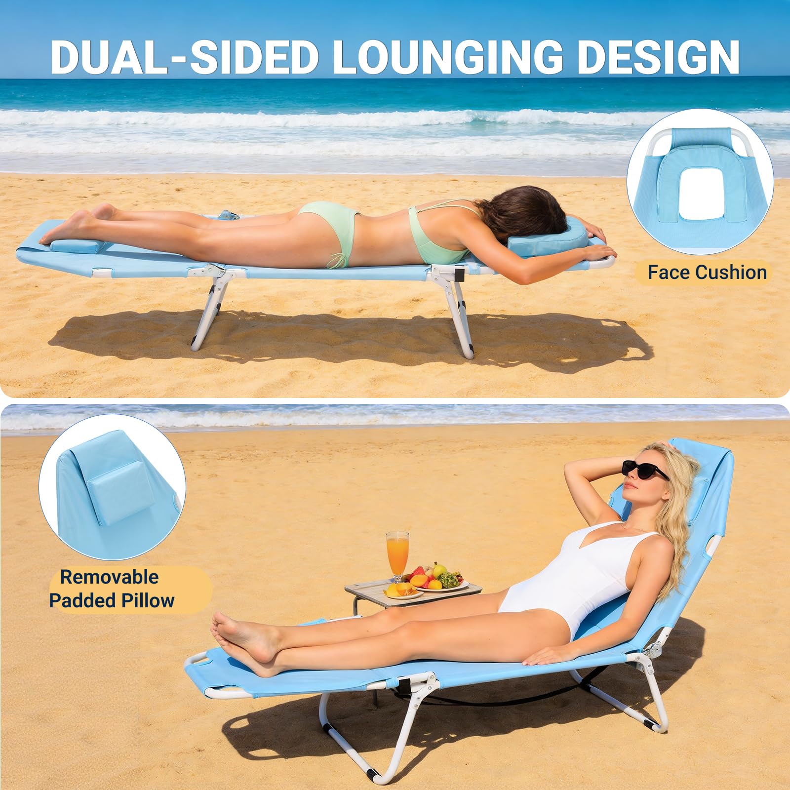 DoCred Heavy Duty Chaise Lounge Chair, Adjustable 5-Position Folding Chaise Lounge Chairs for Outside, Portable Lay Flat Beach Lounge Chair for Outdoor Sunbathing Beach Pool Lawn Camping Gronata