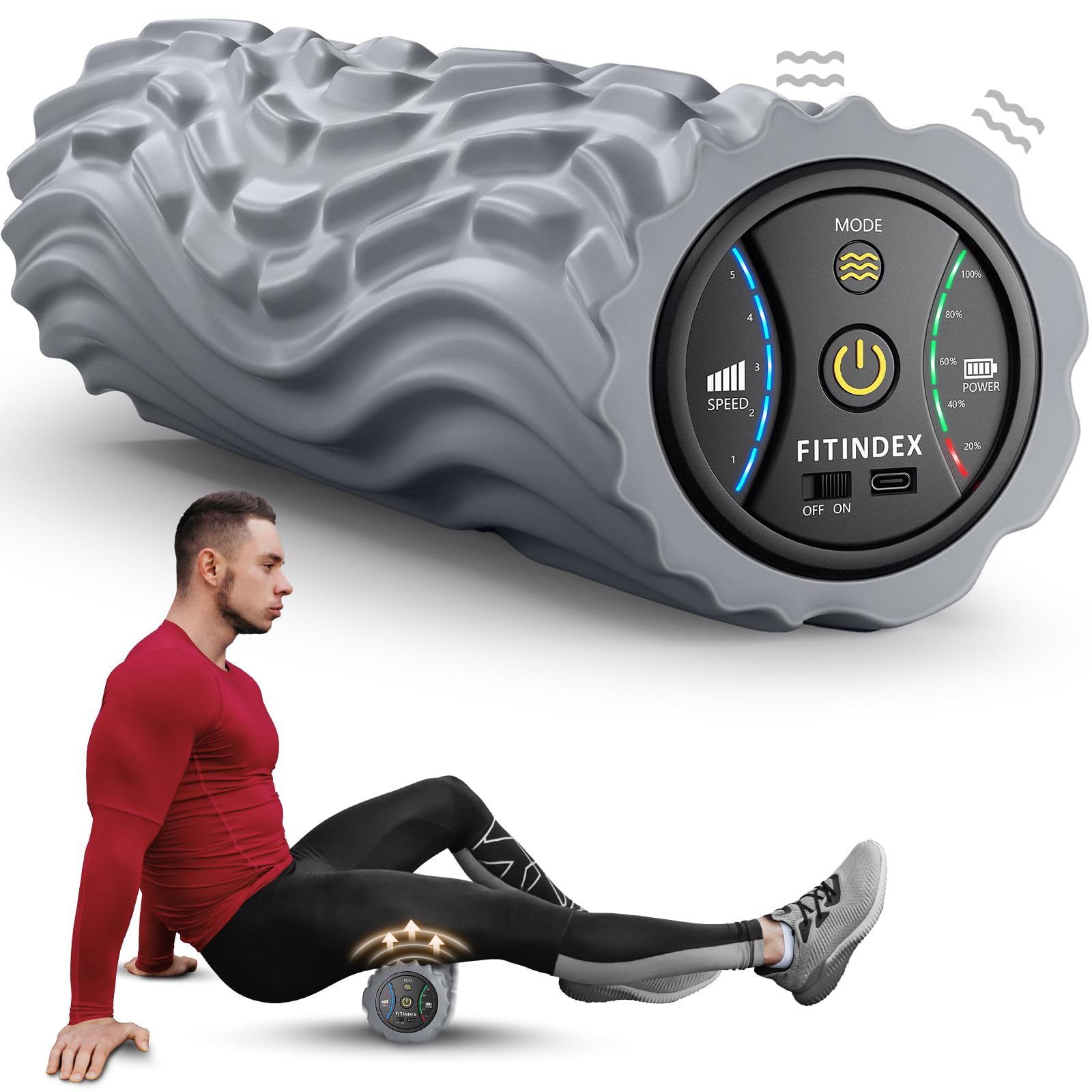 FITINDEX Vibrating Foam Roller for Back Pain, FSA&HSA Eligible, 5-Speed Muscle Massage, Exercise, Muscles Deep Tissue, Physical Therapy, Pilates, Yoga, Neck, Leg, Rechargeable, Travel Portable, Gray Gronata