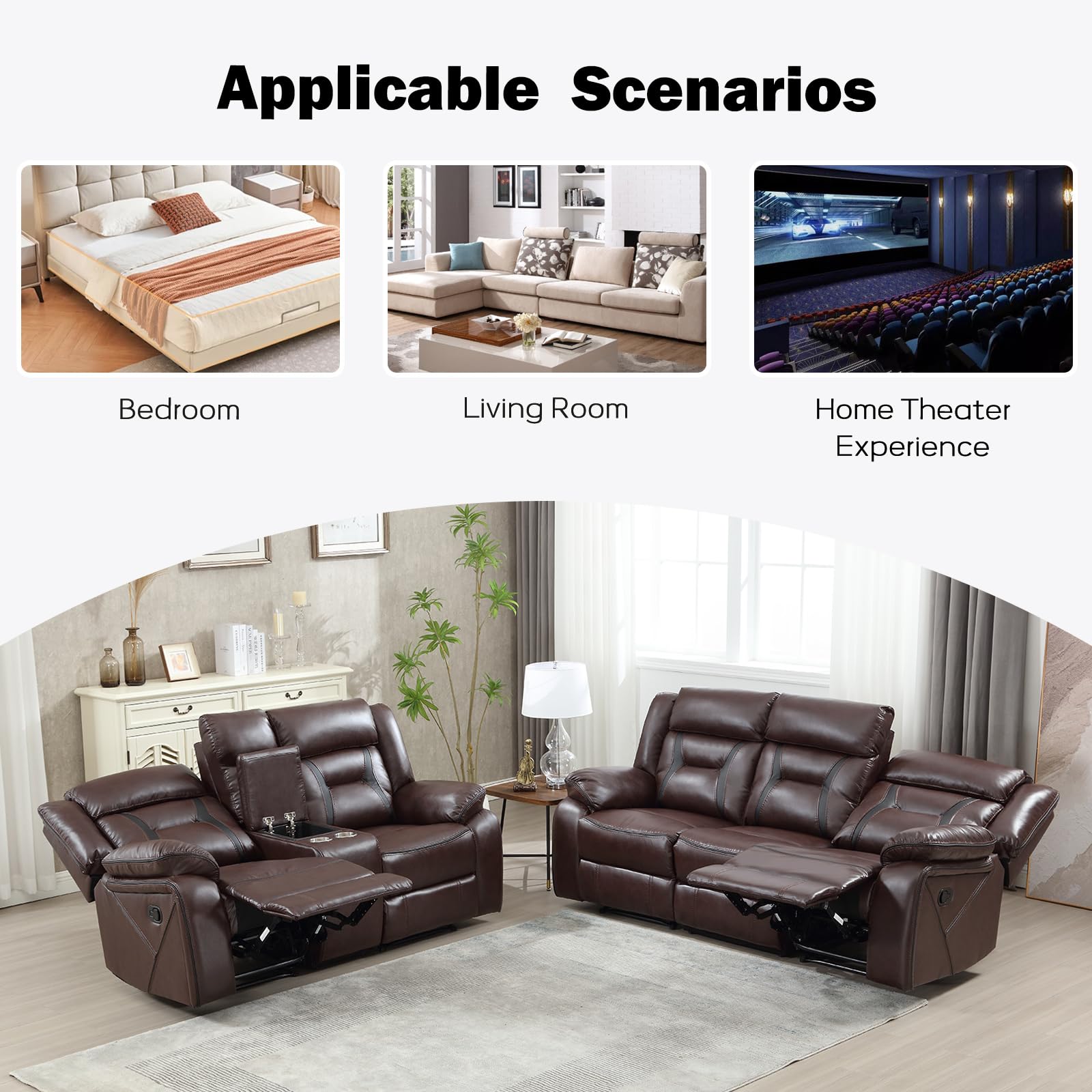 EBELLO Faux Leather Recliner Sofa Furniture Set for Living Room, 2 Recliner Chairs, 3 Seat Reclining Sofa Couch Set for Meeting Room, Brown Gronata