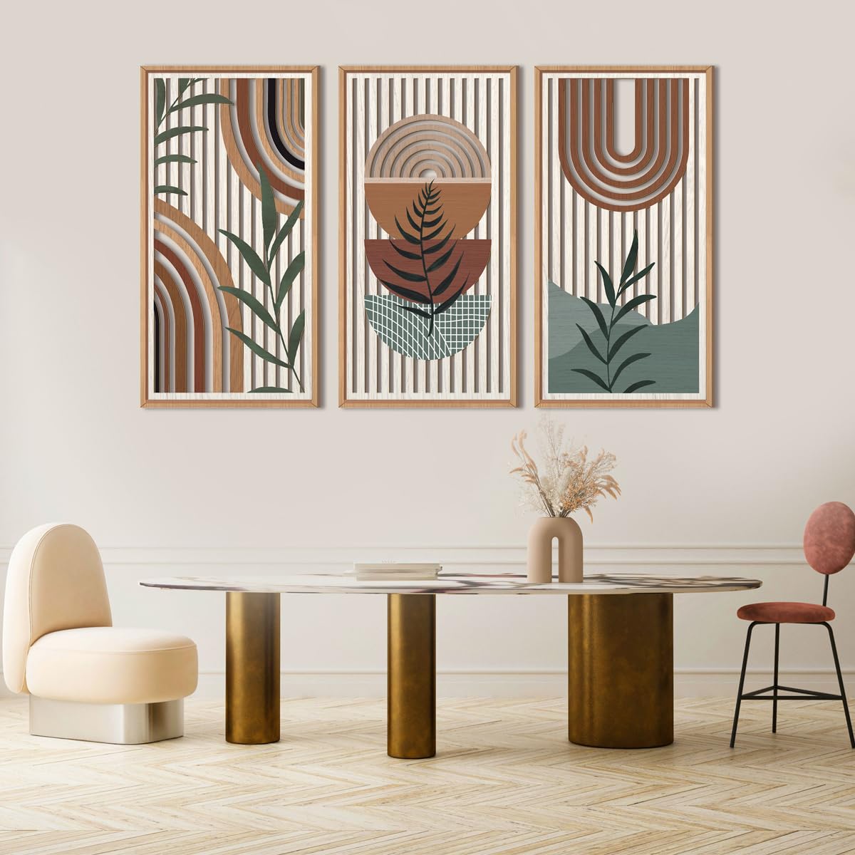 IARTTOP Large Boho Mid-century Modern Wood Wall Art 16x32 Inch Framed Green Abstract Leaf Wooden Wall Decor Bohemian Minimalist Geometric Wall Art Decor for Bedroom Living Room Office Set of 3 Gronata