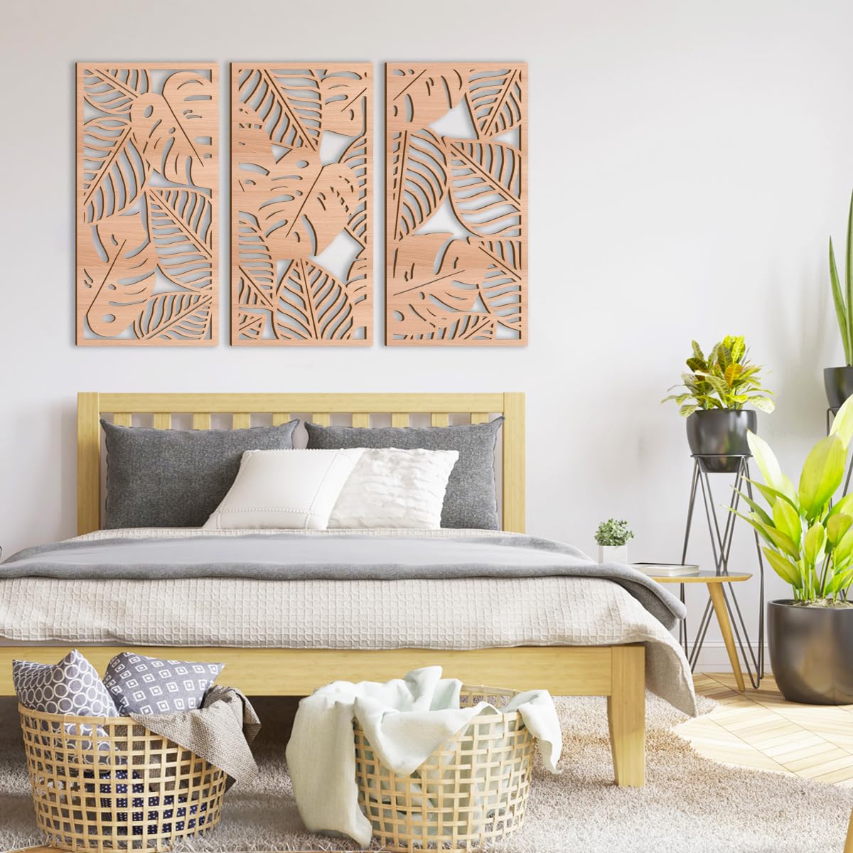 IARTTOP Large Boho Mid-century Modern Wood Wall Art 16x32 Inch Framed Green Abstract Leaf Wooden Wall Decor Bohemian Minimalist Geometric Wall Art Decor for Bedroom Living Room Office Set of 3 Gronata