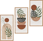 IARTTOP Large Boho Mid-century Modern Wood Wall Art 16x32 Inch Framed Green Abstract Leaf Wooden Wall Decor Bohemian Minimalist Geometric Wall Art Decor for Bedroom Living Room Office Set of 3 Gronata