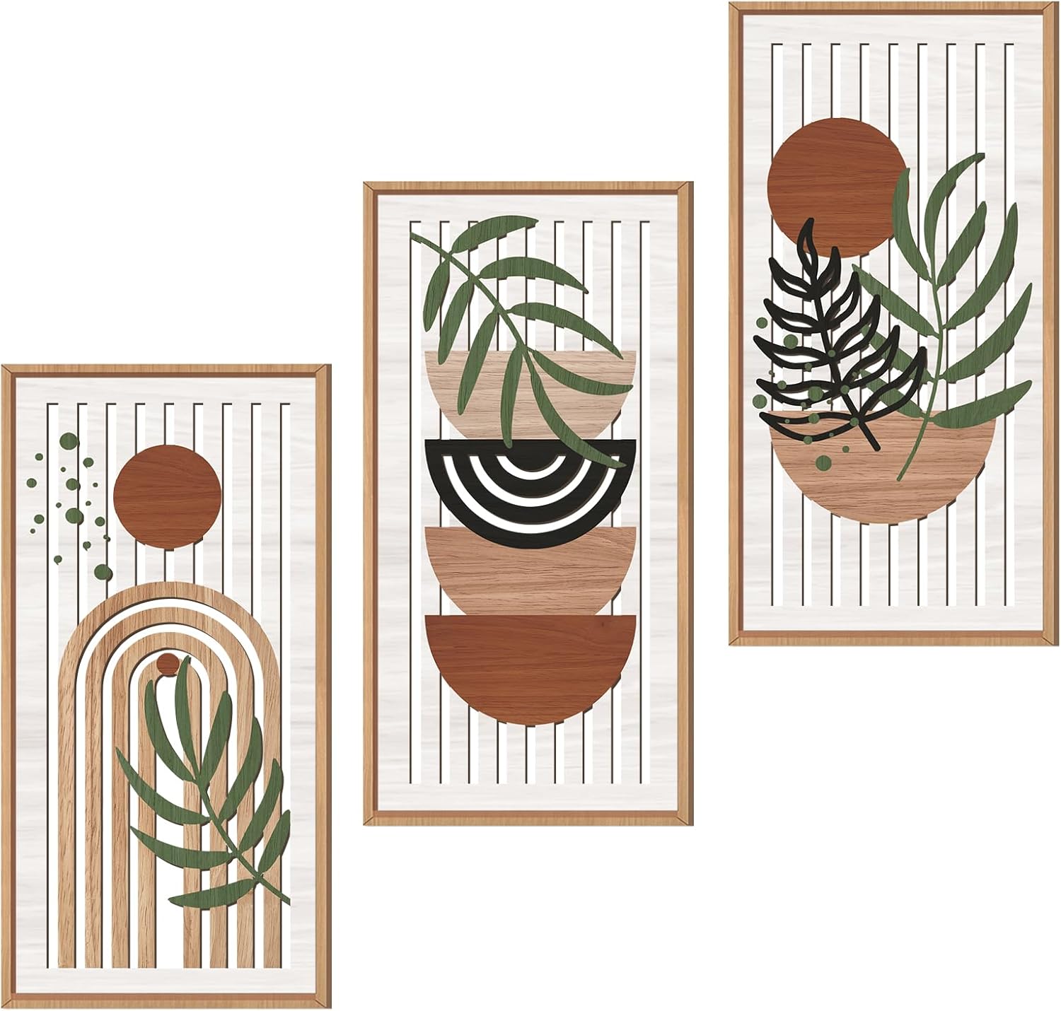 IARTTOP Large Boho Mid-century Modern Wood Wall Art 16x32 Inch Framed Green Abstract Leaf Wooden Wall Decor Bohemian Minimalist Geometric Wall Art Decor for Bedroom Living Room Office Set of 3 Gronata