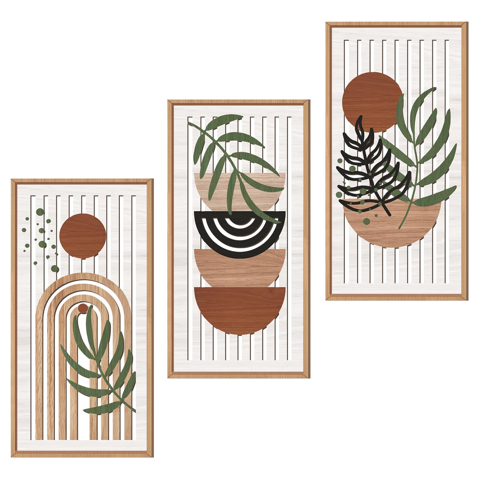 IARTTOP Large Boho Mid-century Modern Wood Wall Art 16x32 Inch Framed Green Abstract Leaf Wooden Wall Decor Bohemian Minimalist Geometric Wall Art Decor for Bedroom Living Room Office Set of 3 Gronata
