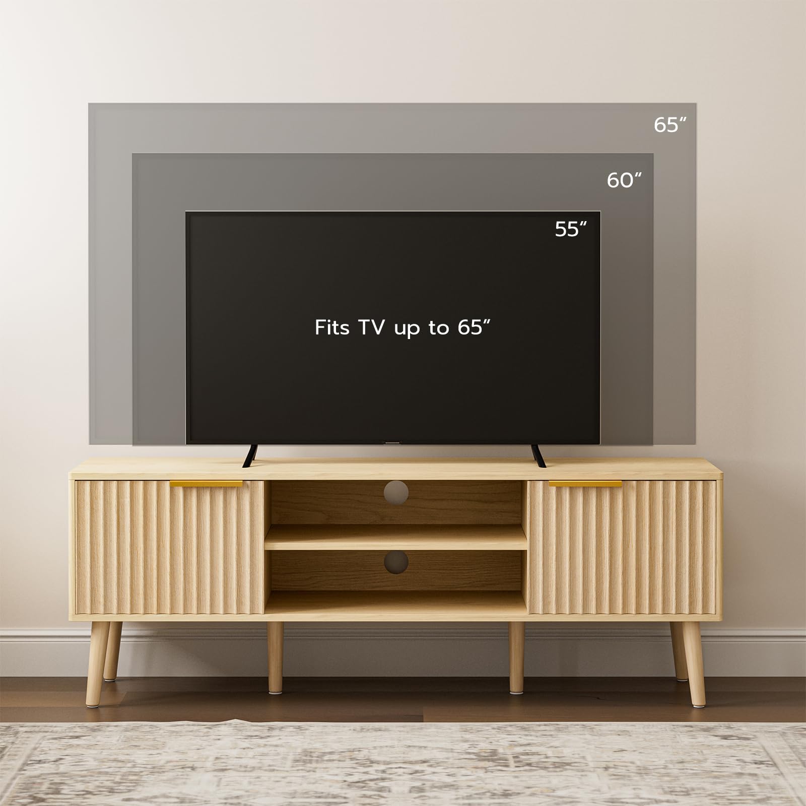 LCRBOL TV Stand for Living Room, Mid Century Modern Entertainment Center for 55/60 inch TVs, TV Console with Fluted Door Cabinets and Open Shelves, for Bedroom, Walnut Gronata