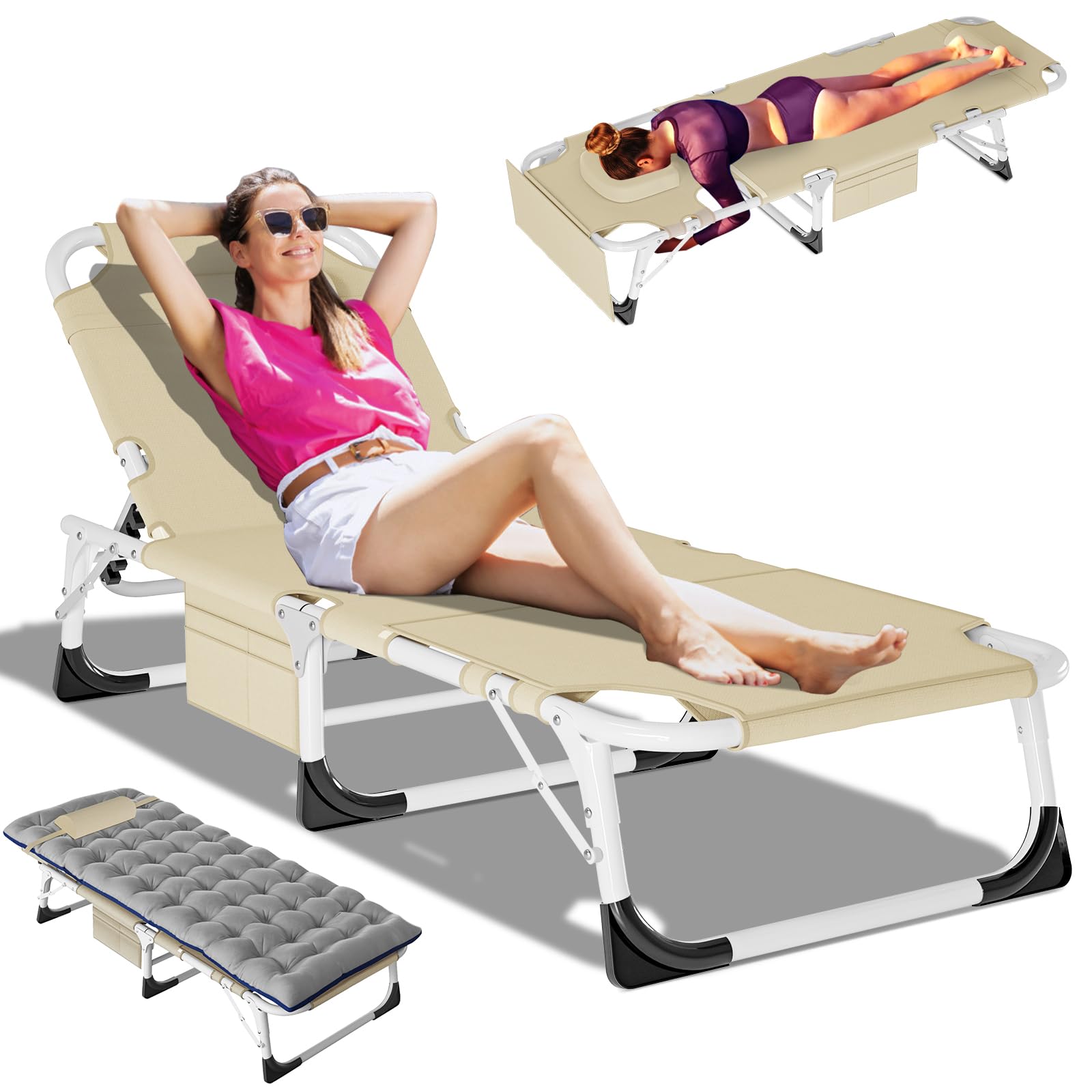 DoCred Heavy Duty Chaise Lounge Chair, Adjustable 5-Position Folding Chaise Lounge Chairs for Outside, Portable Lay Flat Beach Lounge Chair for Outdoor Sunbathing Beach Pool Lawn Camping Gronata
