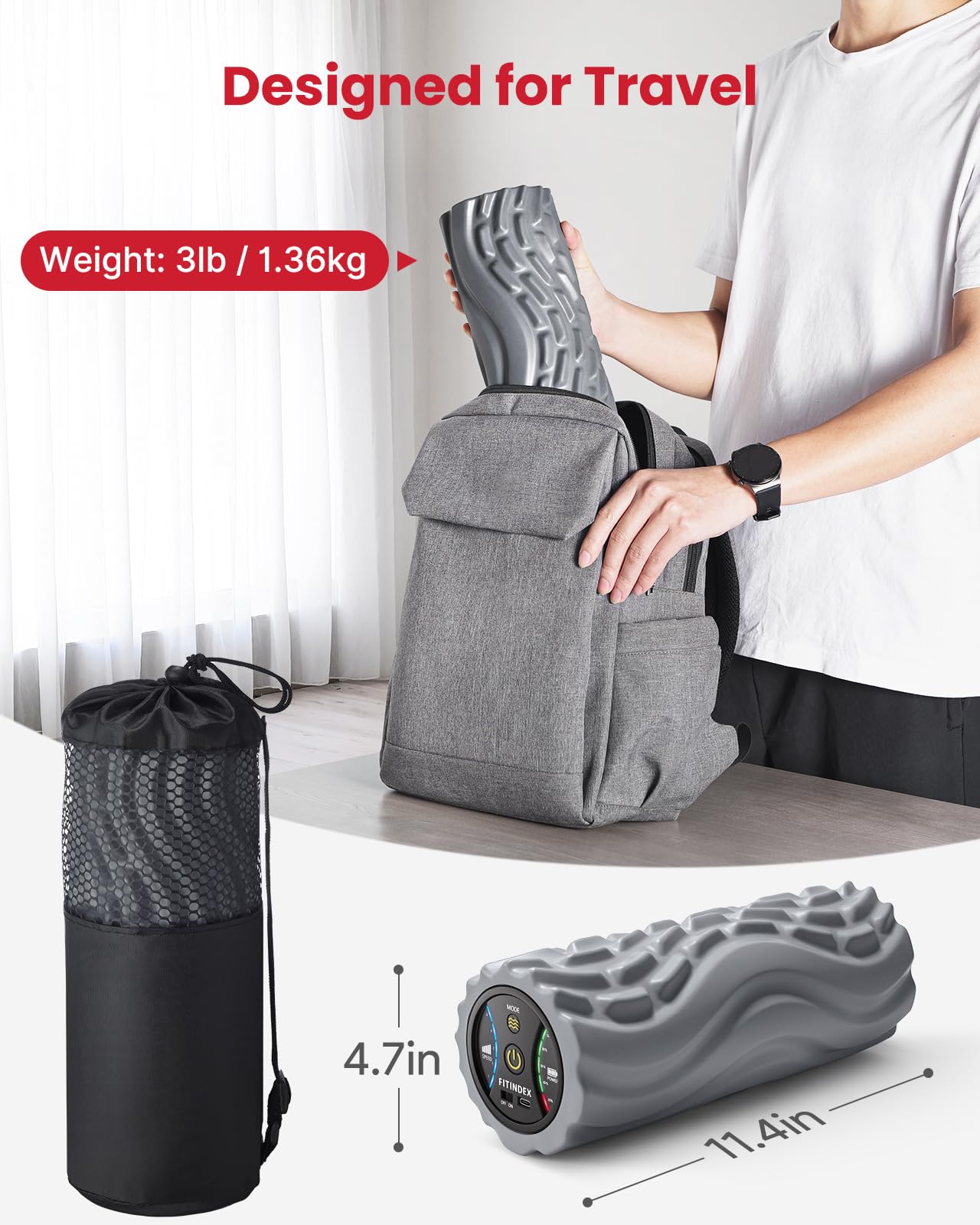 FITINDEX Vibrating Foam Roller for Back Pain, FSA&HSA Eligible, 5-Speed Muscle Massage, Exercise, Muscles Deep Tissue, Physical Therapy, Pilates, Yoga, Neck, Leg, Rechargeable, Travel Portable, Gray Gronata