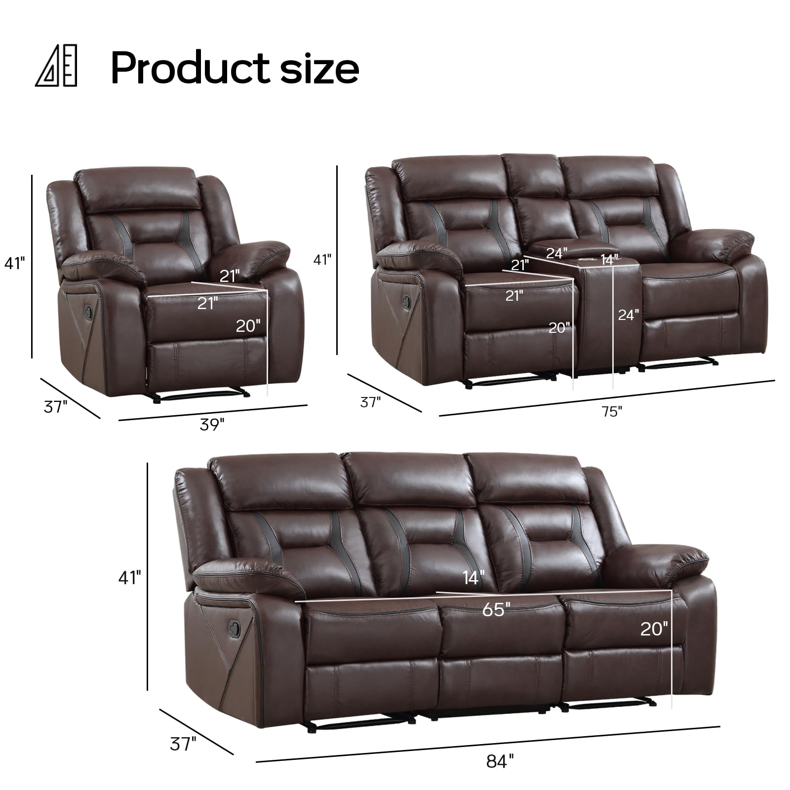 EBELLO Faux Leather Recliner Sofa Furniture Set for Living Room, 2 Recliner Chairs, 3 Seat Reclining Sofa Couch Set for Meeting Room, Brown Gronata