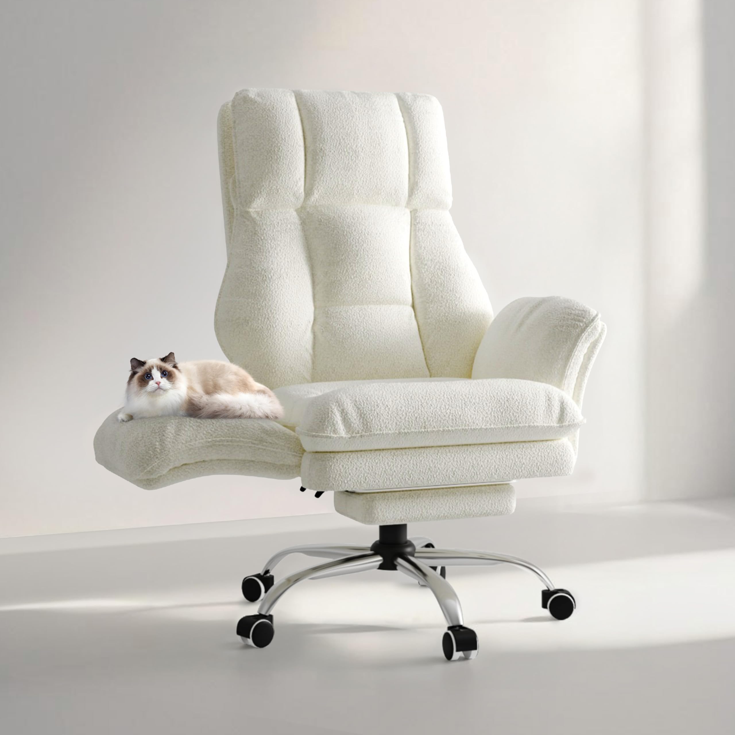 Big and Tall Office Chair, Flip Armrests for Pets & Cross Legged Sitting, Executive Ergonomic Computer Gaming Chair with Foot Rest, Teddy Fleece Wide Seat Reclining Desk Chair, White Vanity Chair Gronata