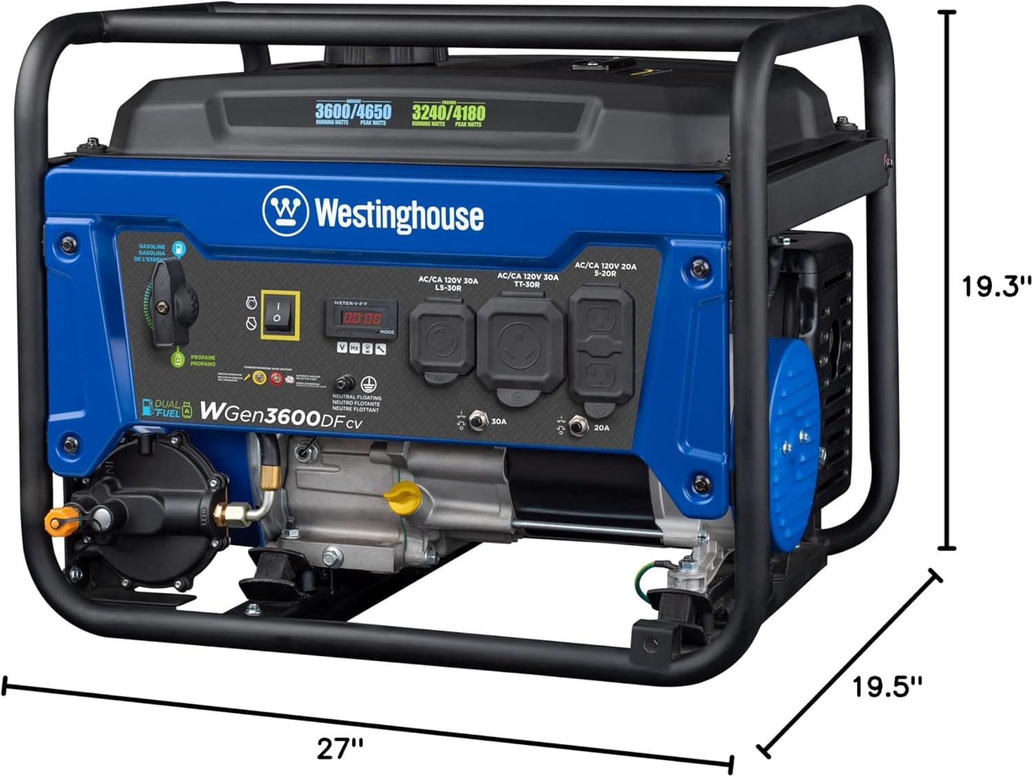 Westinghouse 4650 Peak Watt Dual Fuel Portable Generator, RV Ready 30A Outlet, Gas & Propane Powered, CO Sensor Gronata