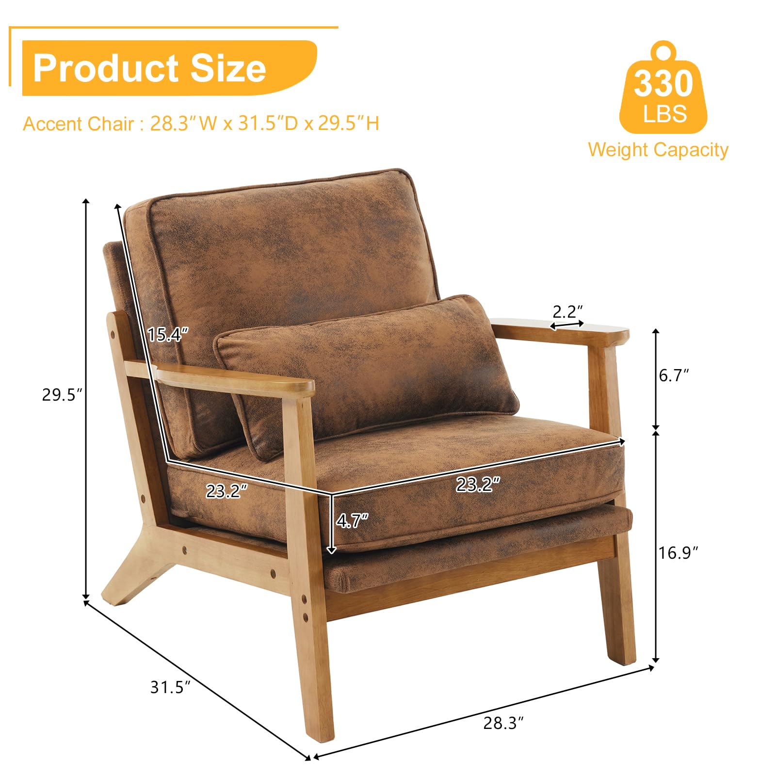 Karl home Accent Chair Wide Armrest Mid-Century Lounge Chair Linen Fabric Armchair with Lumbar Pillow & Solid Wood Frame for Living Room, Bedroom, Balcony, Green Gronata